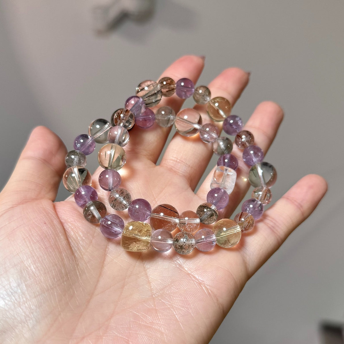 Purple Yellow Rutilated Quartz Crystal Bracelet Set