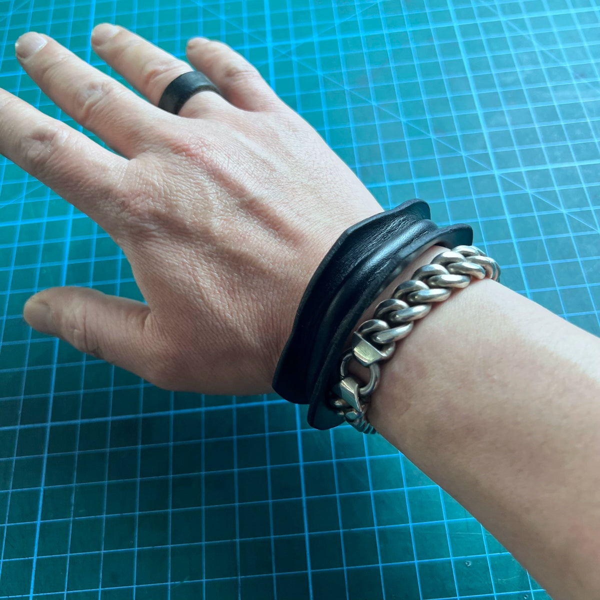 Black Top Grain Leather Cuff Bracelet Bangle