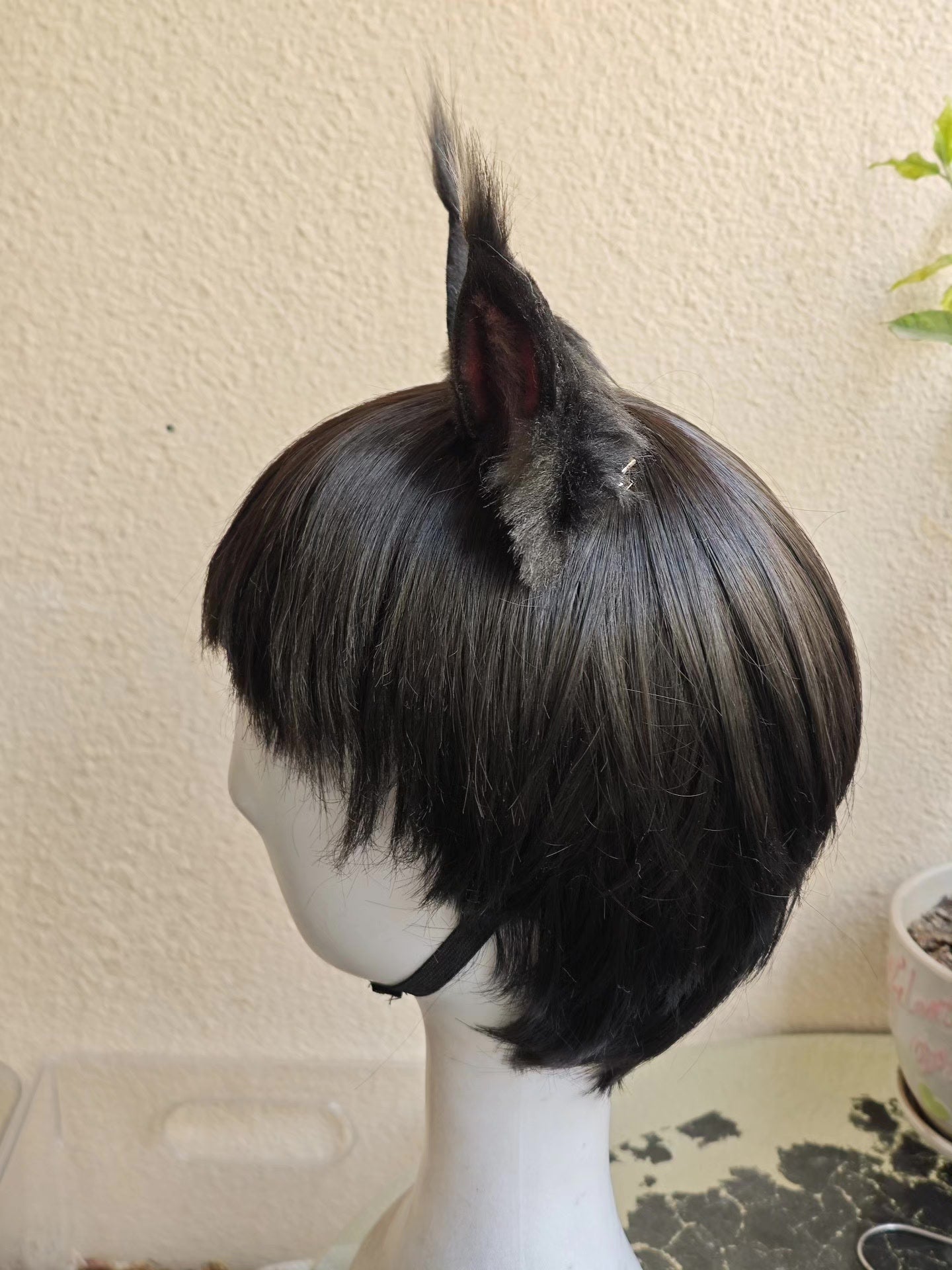 Handcrafted Maine Coon Cat Ears with Black Fur and Pink Inner Detail