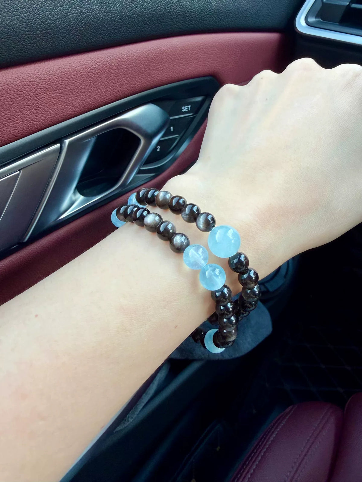 Obsidian Aquamarine Double Wrap Beaded Bracelet