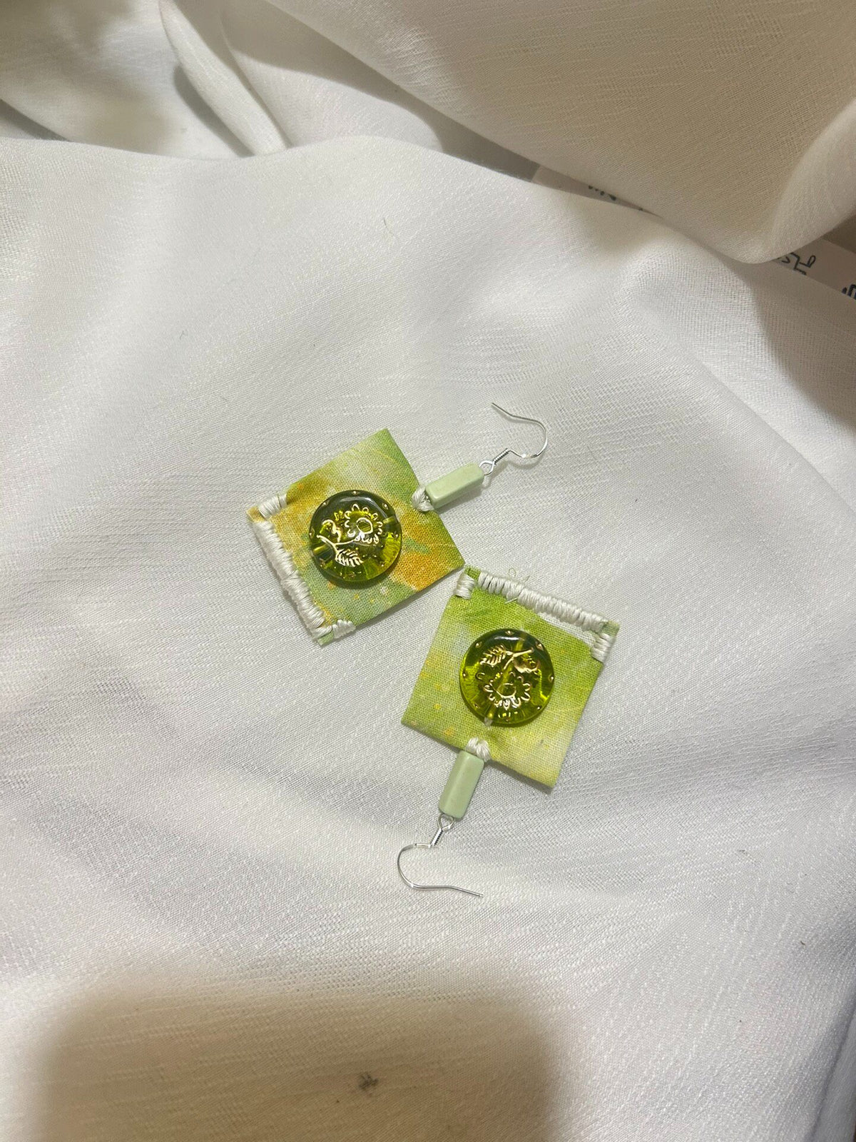 Handmade Fabric Earrings with Woven Pendant