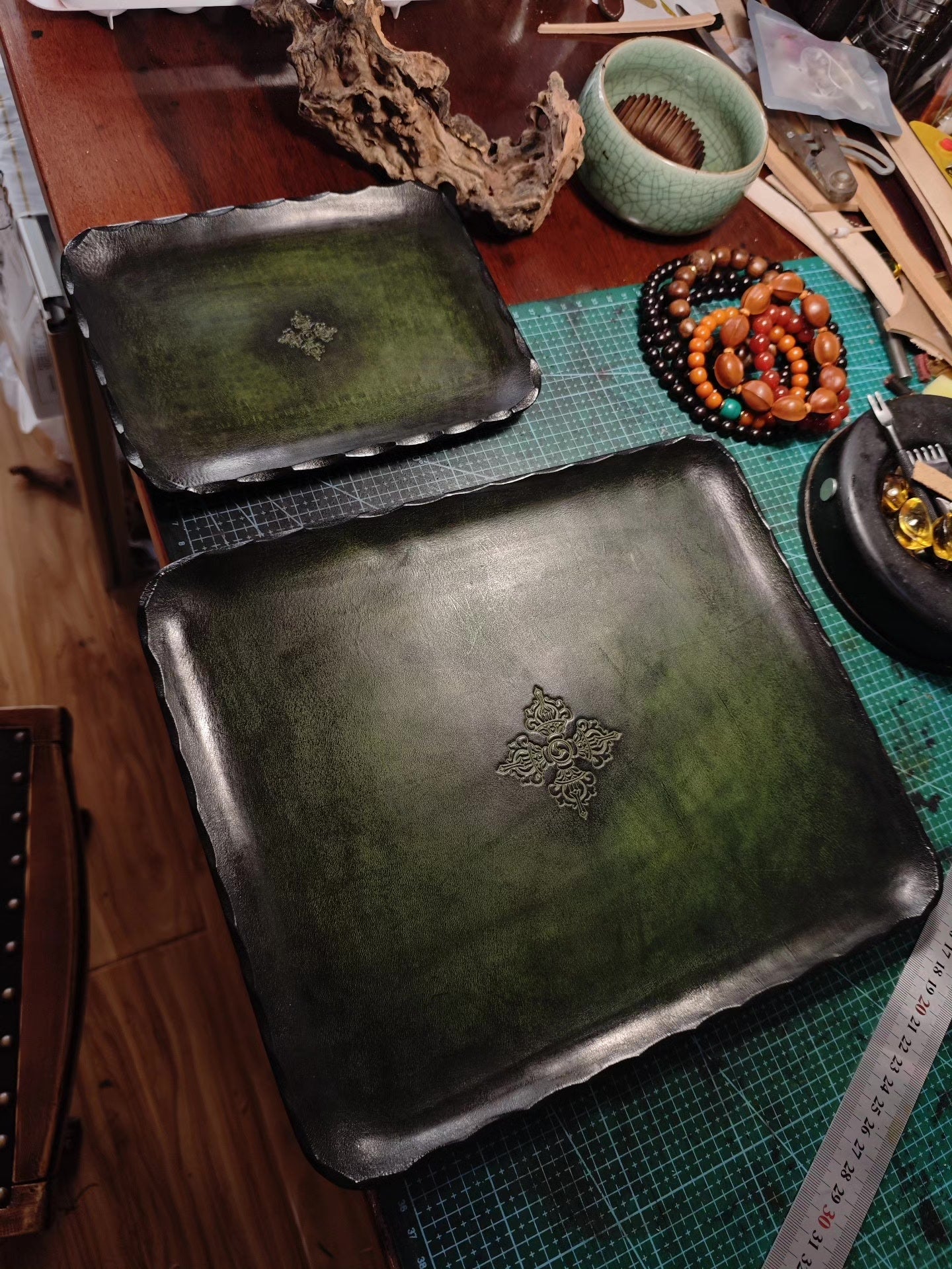 Emerald Green Leather Tray with Embossed Vajra Design