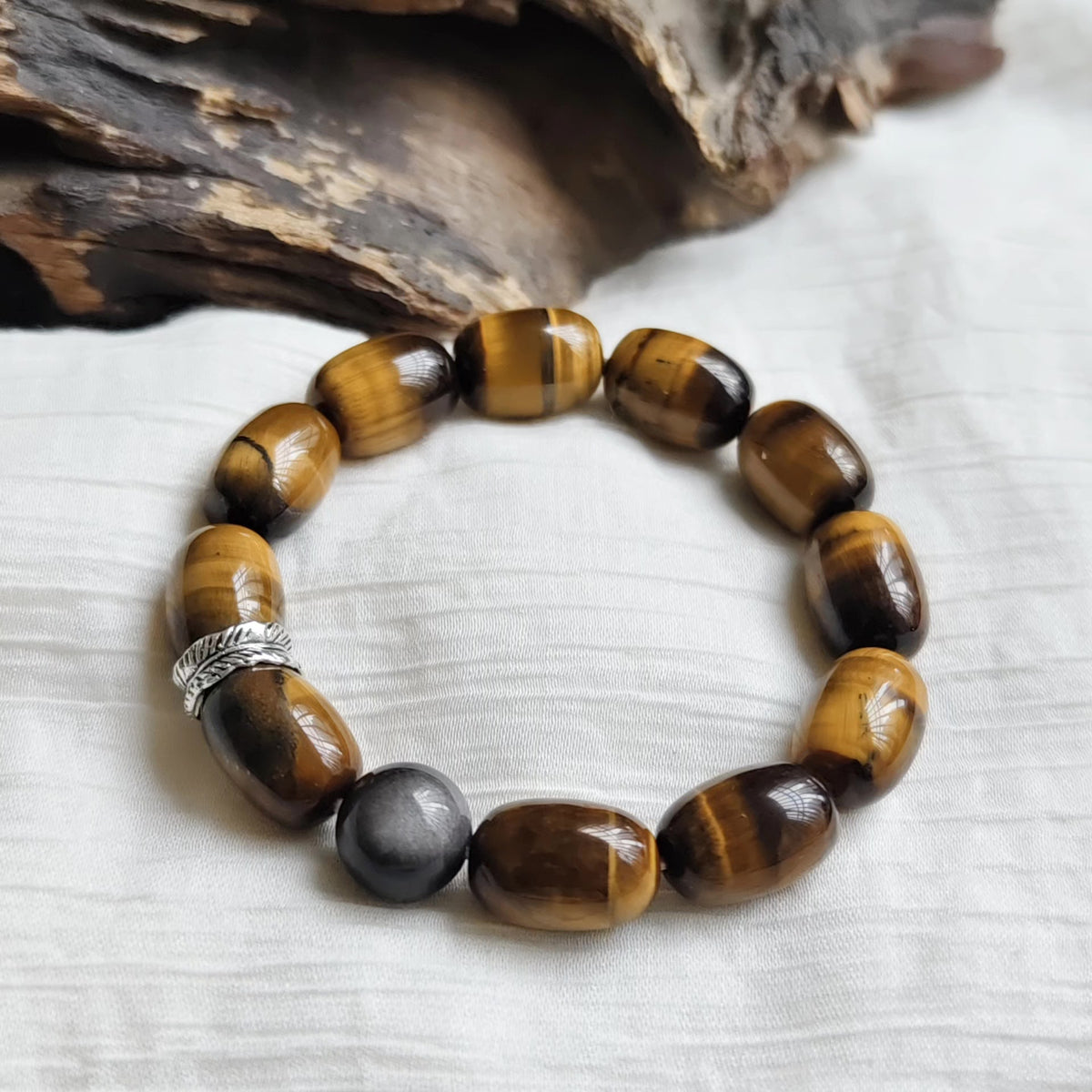 Yellow Tiger's Eye Silver Obsidian Beaded Bracelet