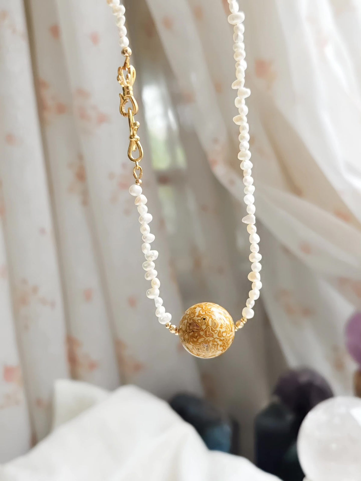 Natural Pearl Necklace with Amber Lacquer Bead