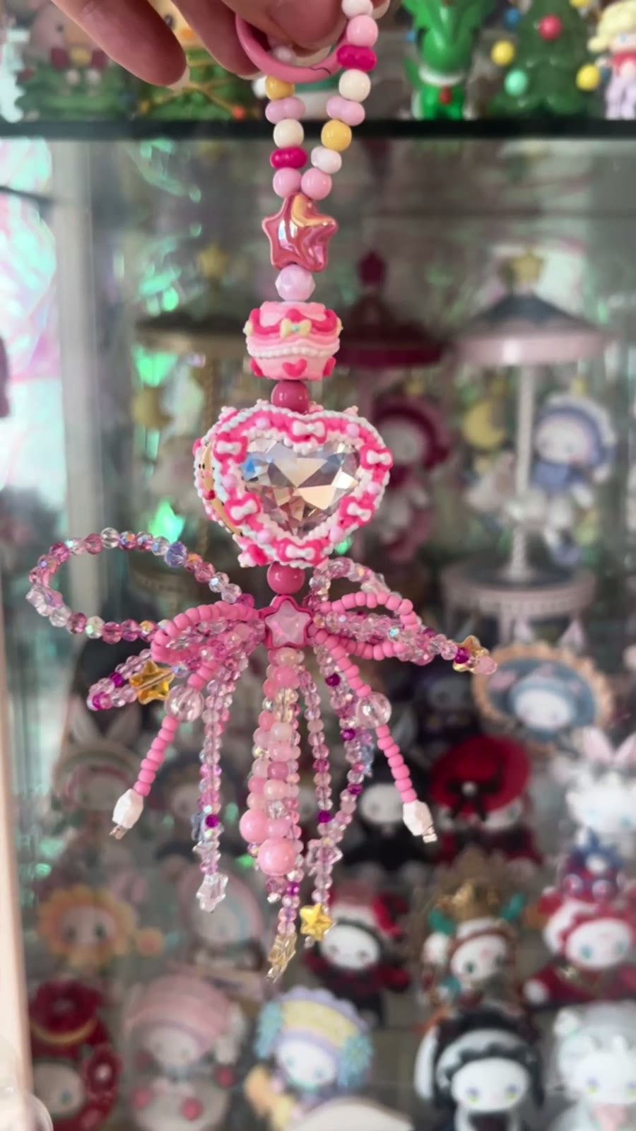 Acessório de Mala Charm de Coração com Miçangas Rosas