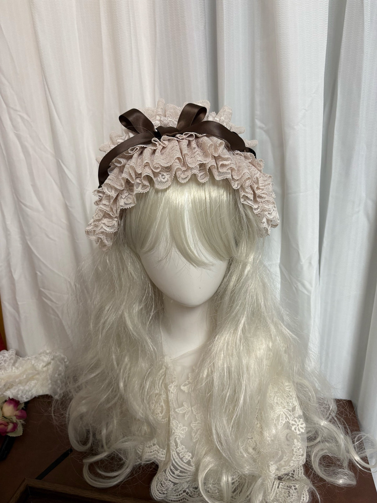 Handmade Beige Lace Ruffled Bonnet Headdress