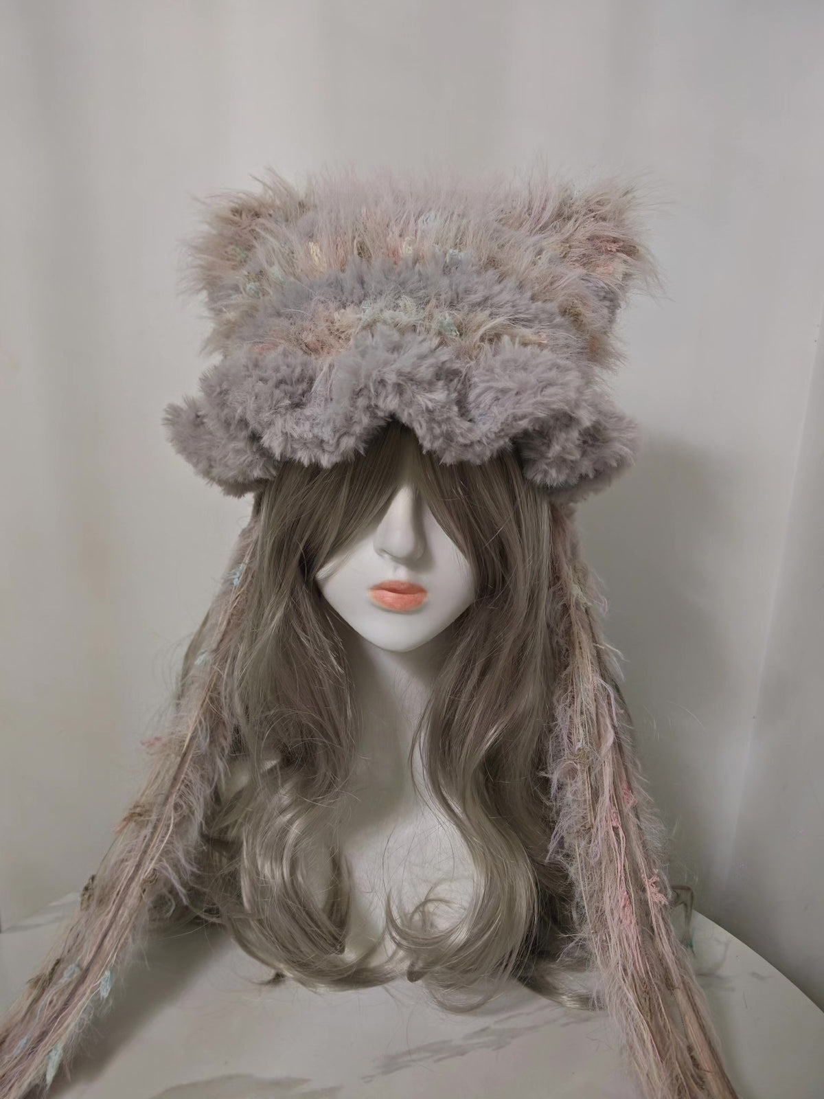 Gray Pink Cat Ear Faux Fur Hat