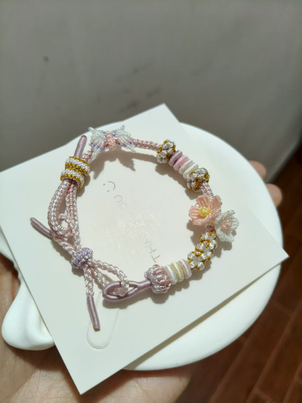 Handwoven Pink Flower Bracelet