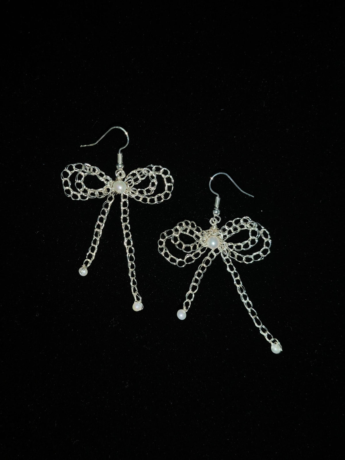 Crocheted Silver Bow Pearl Earrings