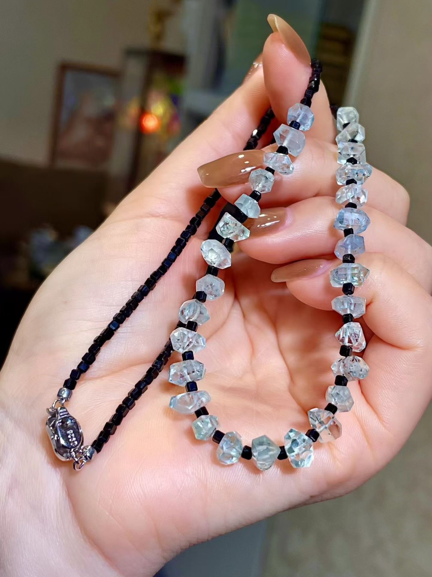 Freeform Aquamarine Necklace with Black Spinel Inclusion