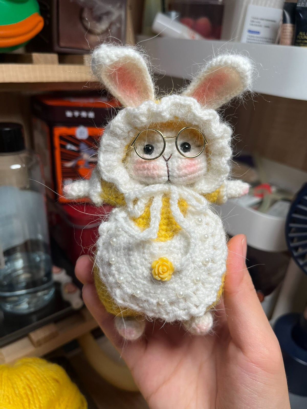 Handmade Crocheted Yellow Rabbit Doll with Glasses