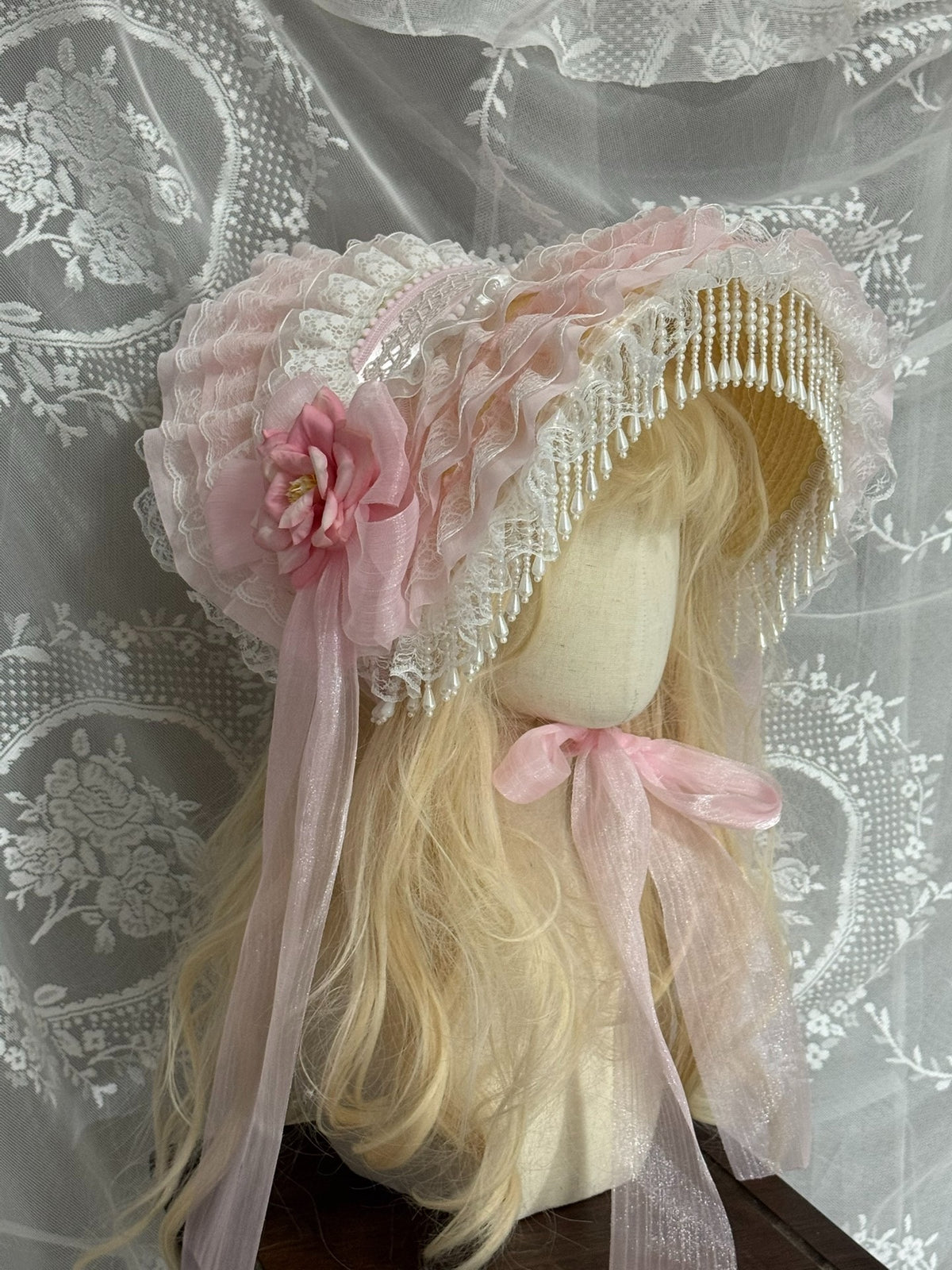 Reversible Pink Pearl Trim Bonnet Headpiece