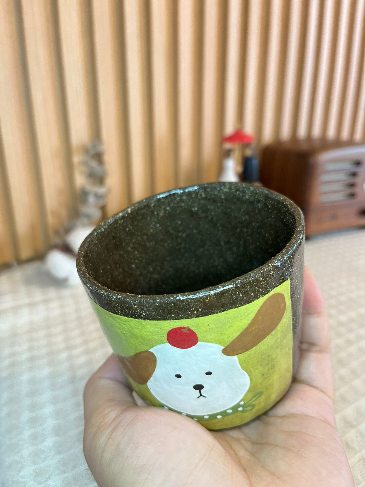 Handmade Black Clay Dog Face Cup 280ml