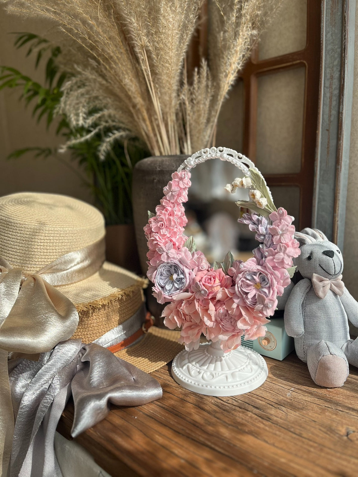 Clay Flower Decorated Round Mirror