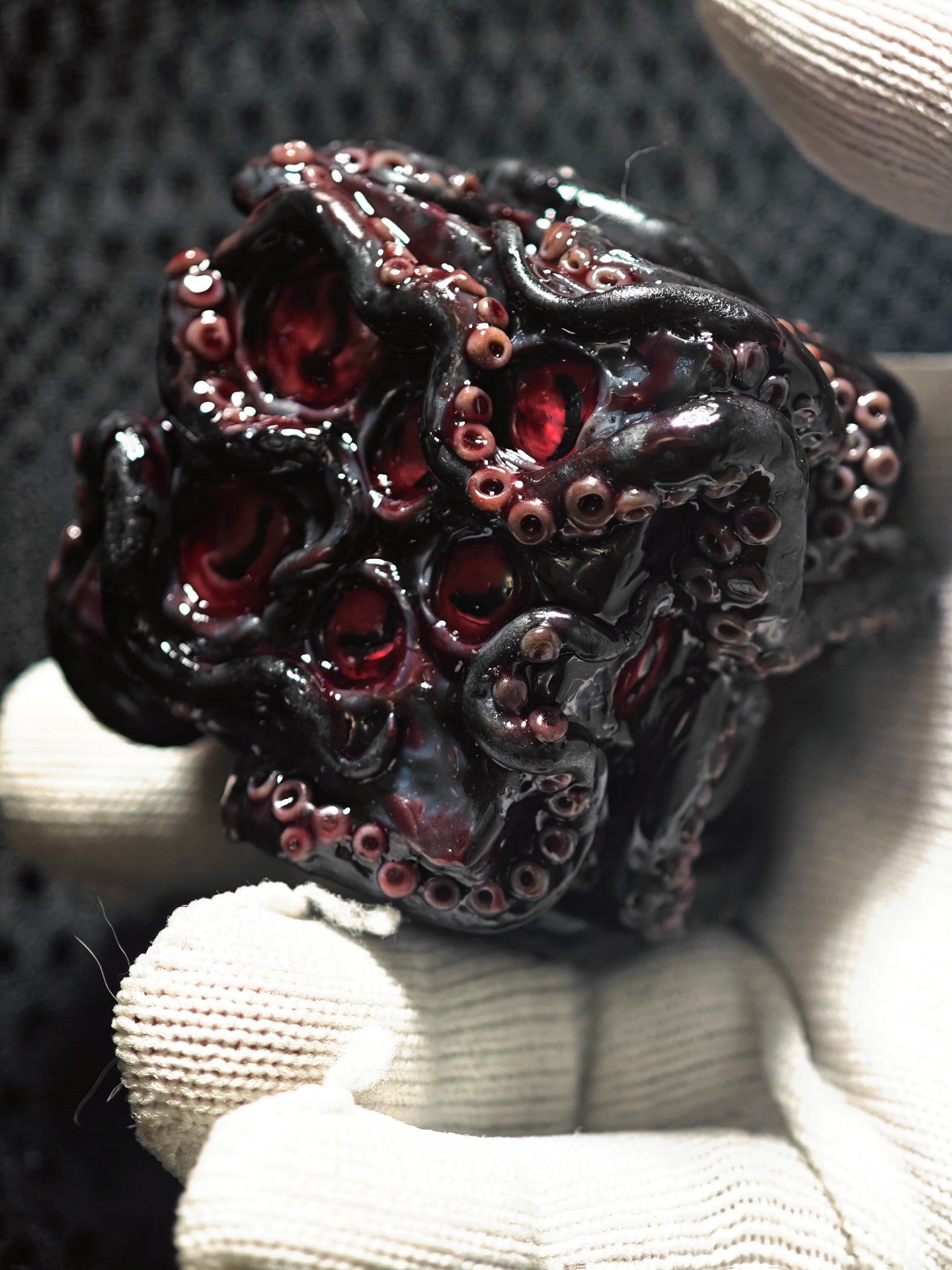 Cthulhu Abyss Dice - Glossy Black with Red Inlays and Tentacle Details