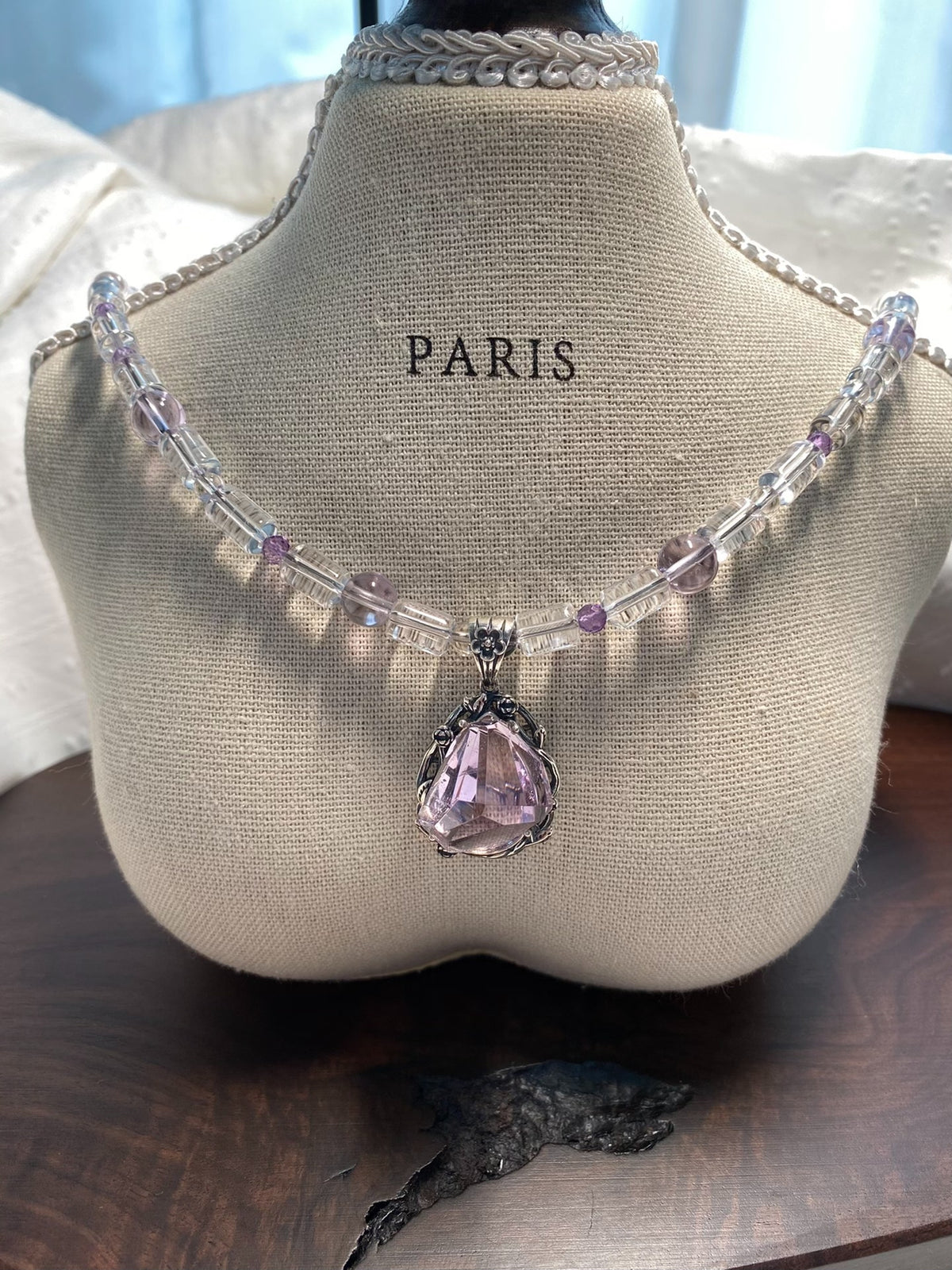 Amethyst Pendant Necklace with White Quartz Beads