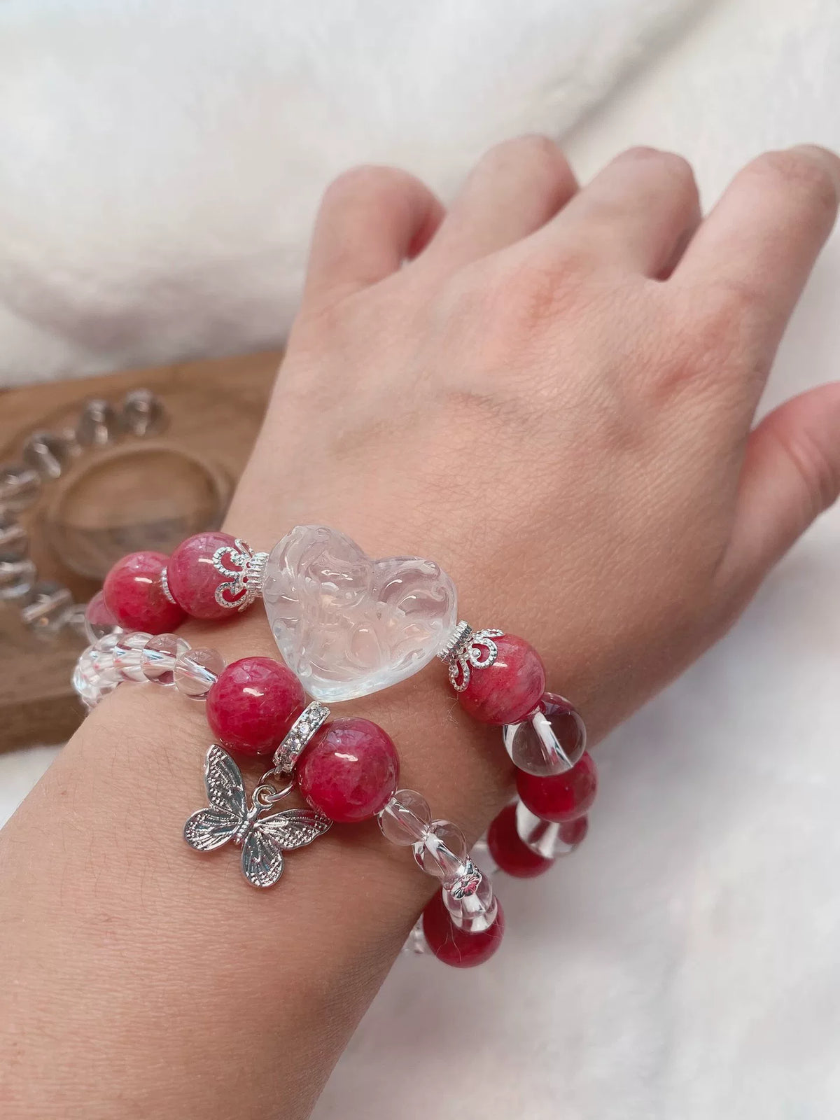 Rhodonite Helder Kwarts Vos Hart Armband Set