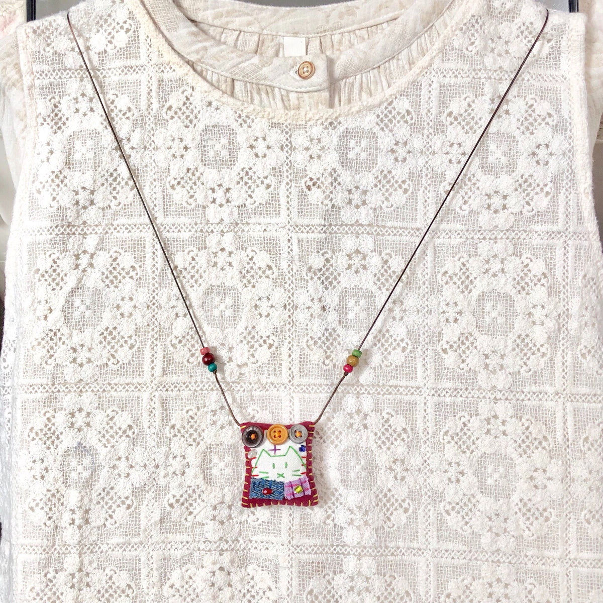 Handmade Embroidered Cat Pendant Necklace