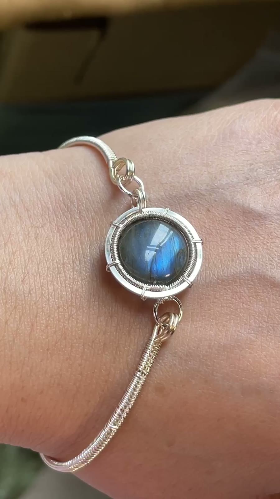 Blue Flash Labradorite Wire Wrapped Bracelet
