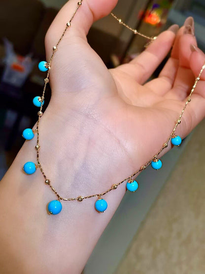 18K Gold Sleeping Beauty Turquoise Bead Necklace