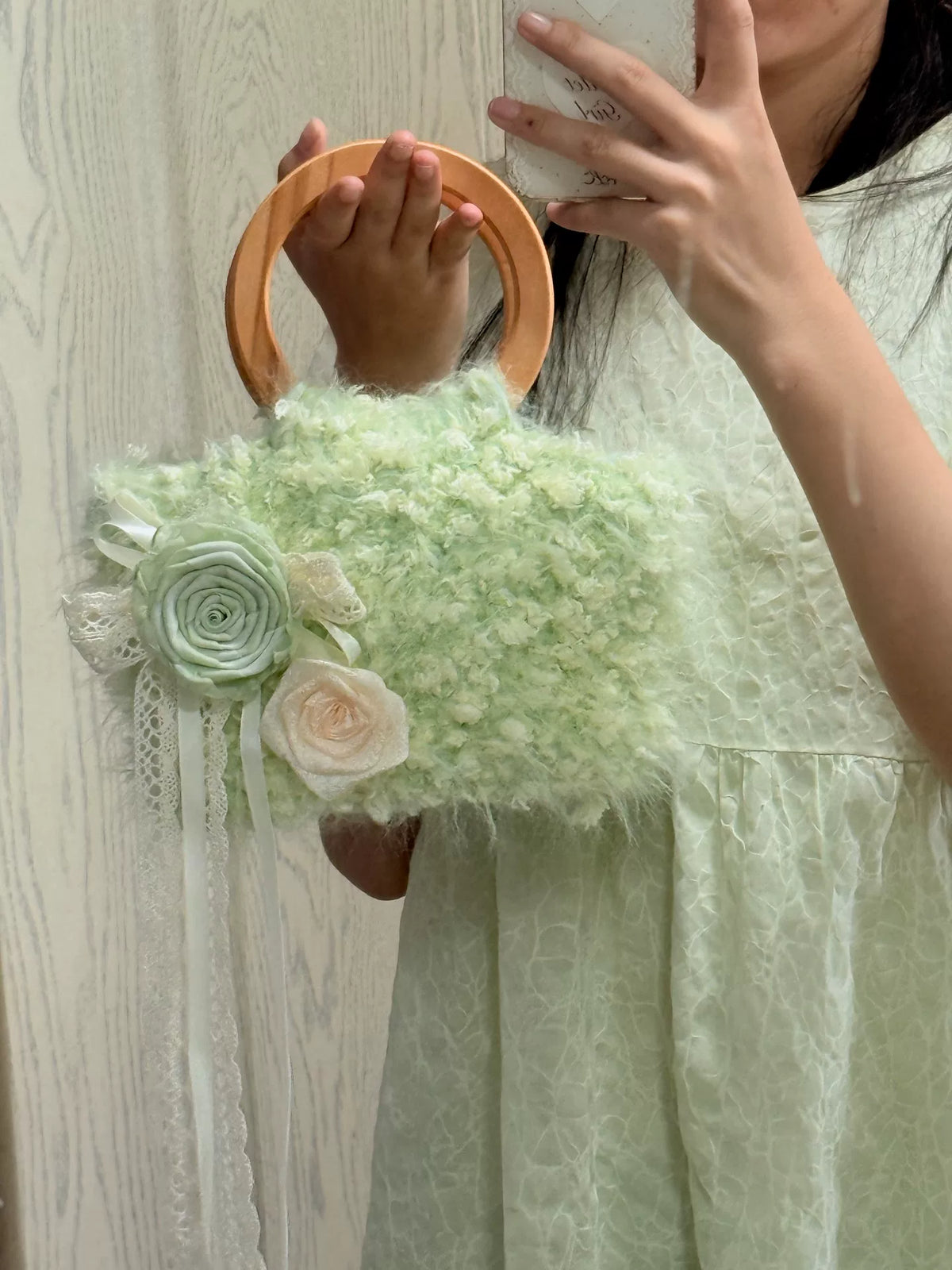 Plush Yarn Bag with Wooden Ring Handle