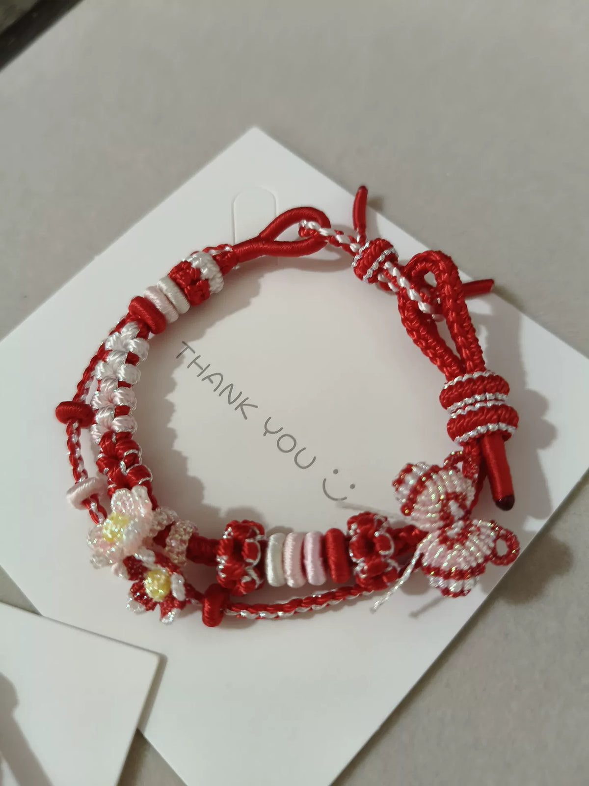 Hand Braided Red White Cord Bracelet with Flowers