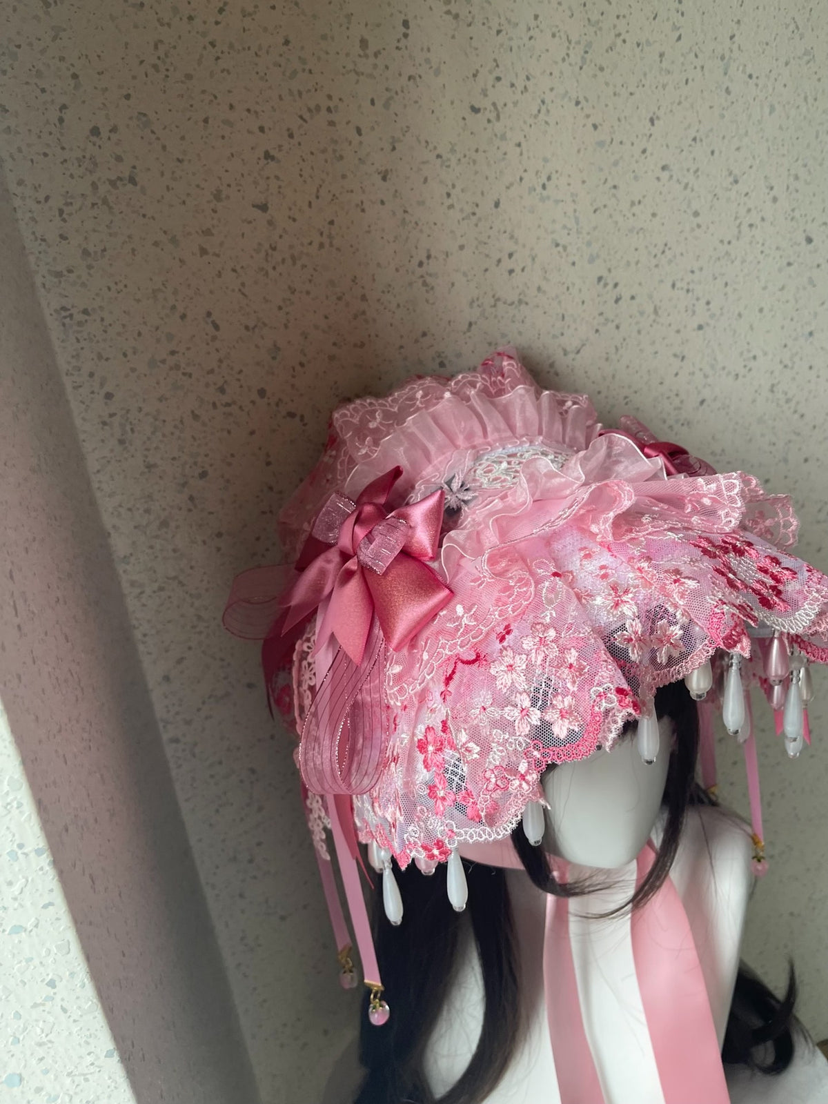 Lolita Pink Lace Bonnet Handmade Headpiece