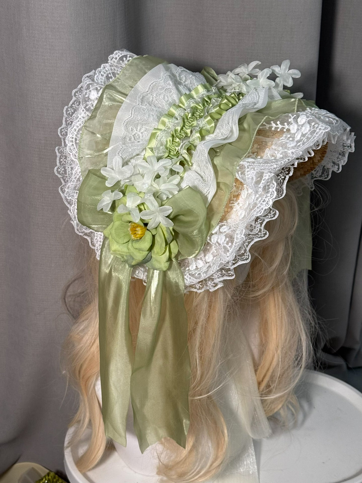 Lolita Bonnet Hat with Sage Green Lace