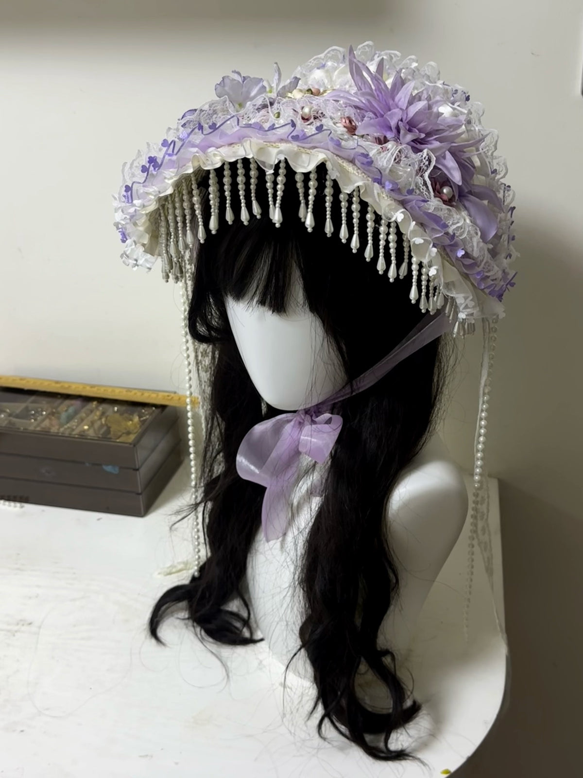 Purple Lolita Bonnet with Pearl Trim