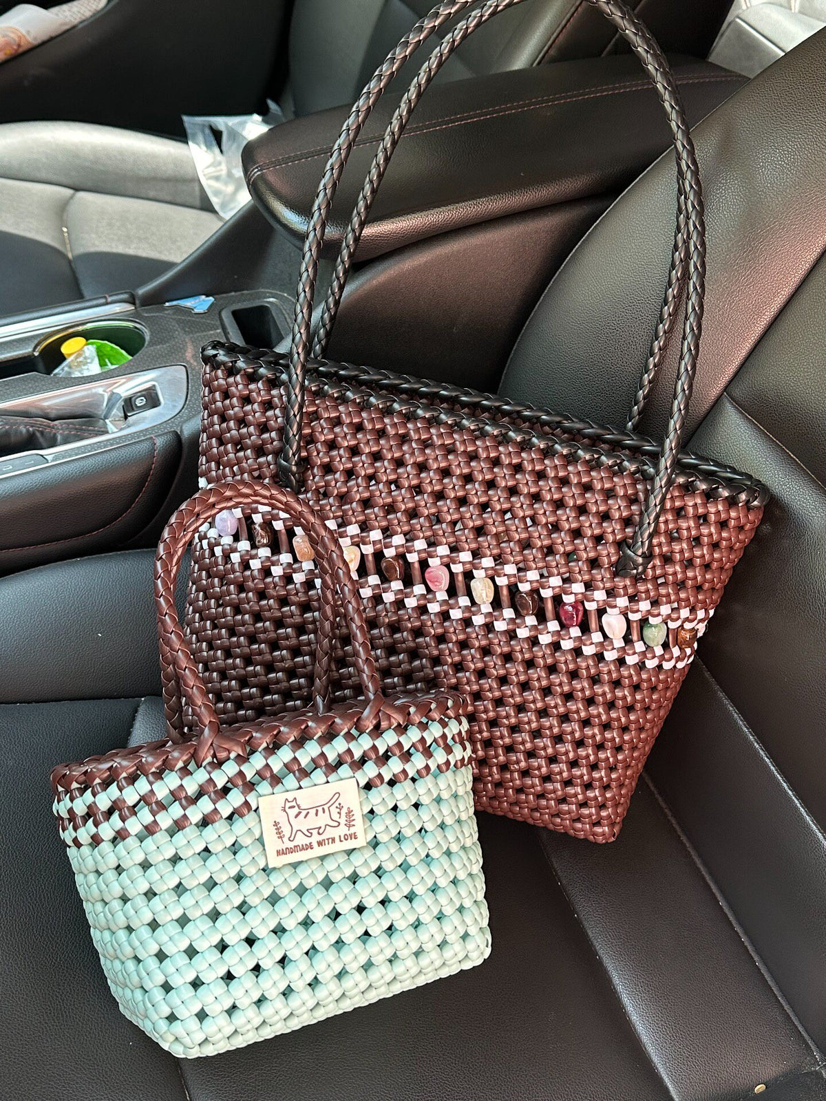 Handwoven Rattan Tote Bag with Beaded Accent