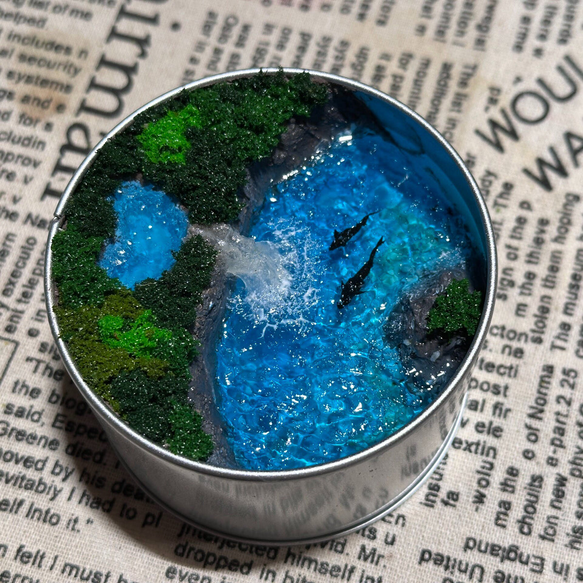 Miniature Dolphin Waterfall Diorama in Tin
