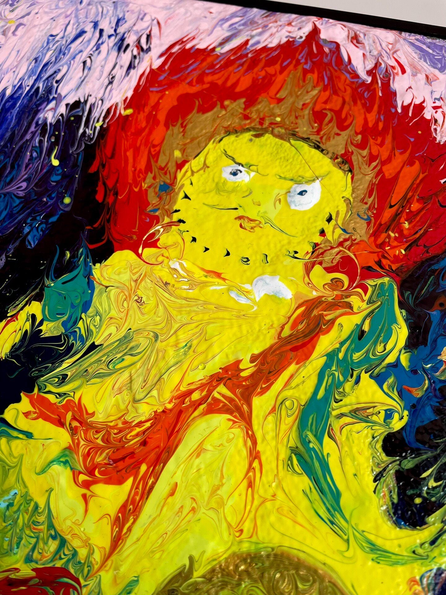 Yellow Jambhala Acrylic Painting, 40x40cm Canvas, Black Frame