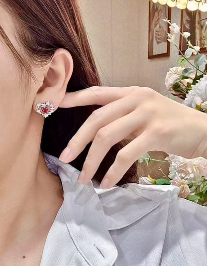 18K Gold Heart-Cut Ruby Stud Earrings, 1.03ct Pigeon Blood, GRC Certified