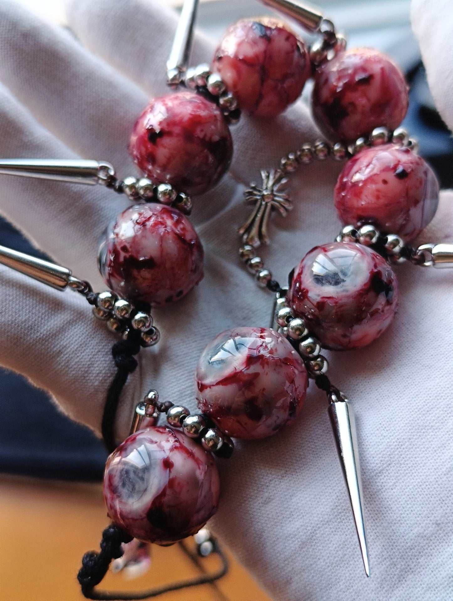 Cthulhu Eye Custom Clavicle Necklace with Resin Beads and Metal Spikes