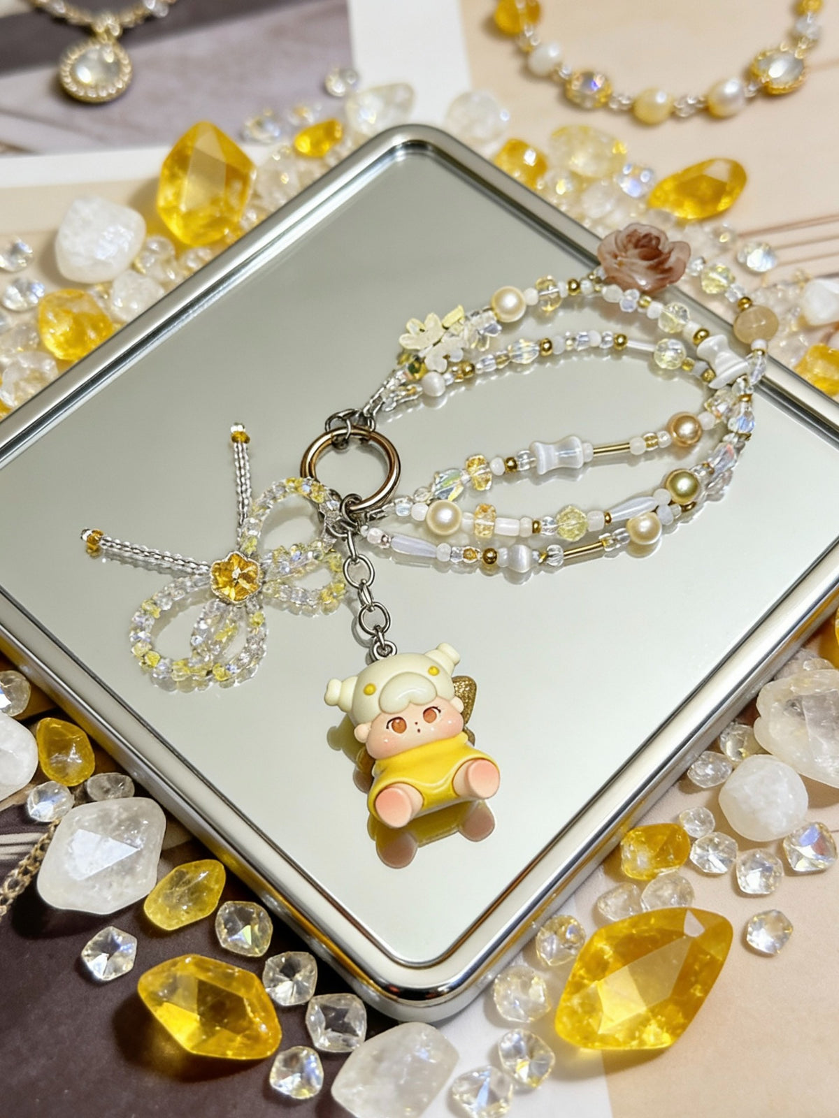 Yellow Beaded Phone Chain with Figurine