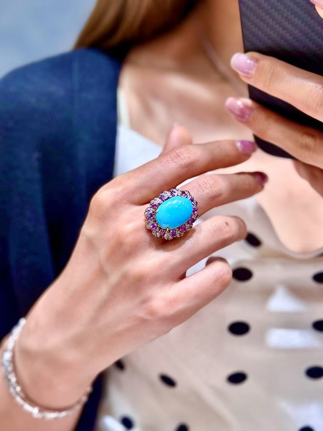 18K Gold Sleeping Beauty Turquoise Ring with Purple Sapphire and Diamond Halo