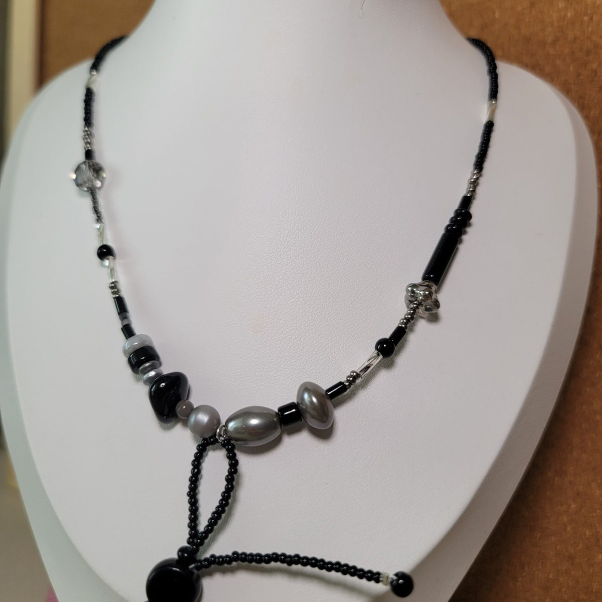 Handmade Black Grey Beaded Bow Necklace
