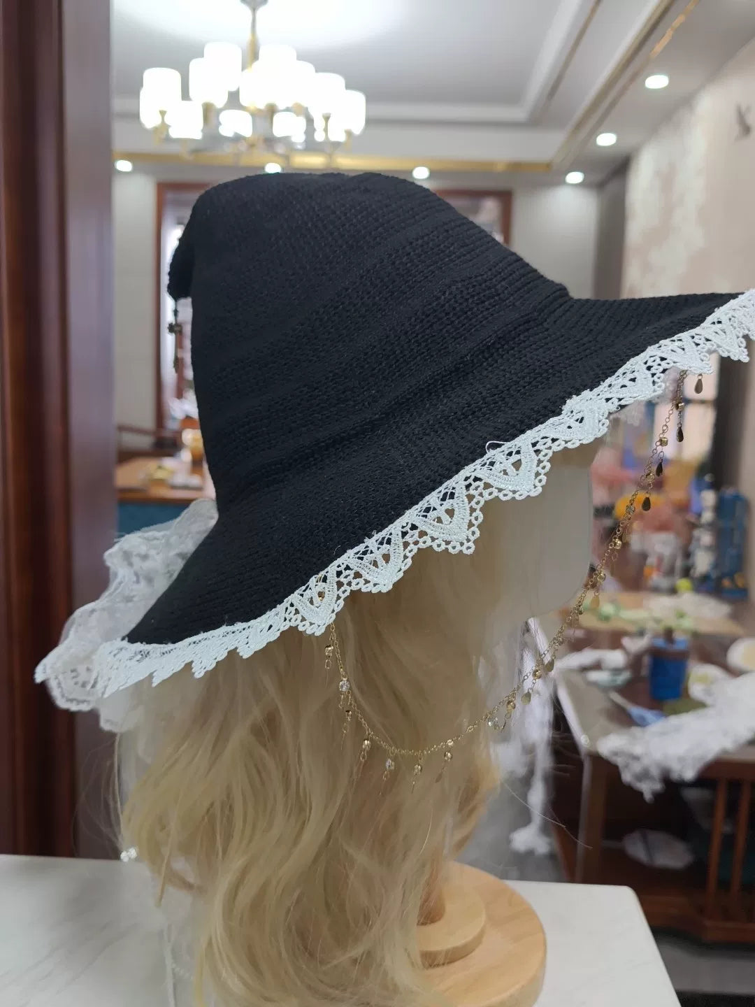 Black Lace Wide Brim Gothic Witch Hat