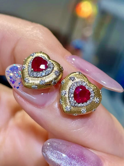 18K Gold Heart Stud Earrings with Red Gemstone and Brushed Finish