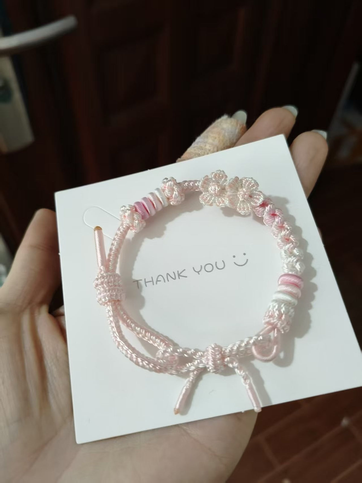Handwoven Pink White Gradient Flower Bracelet