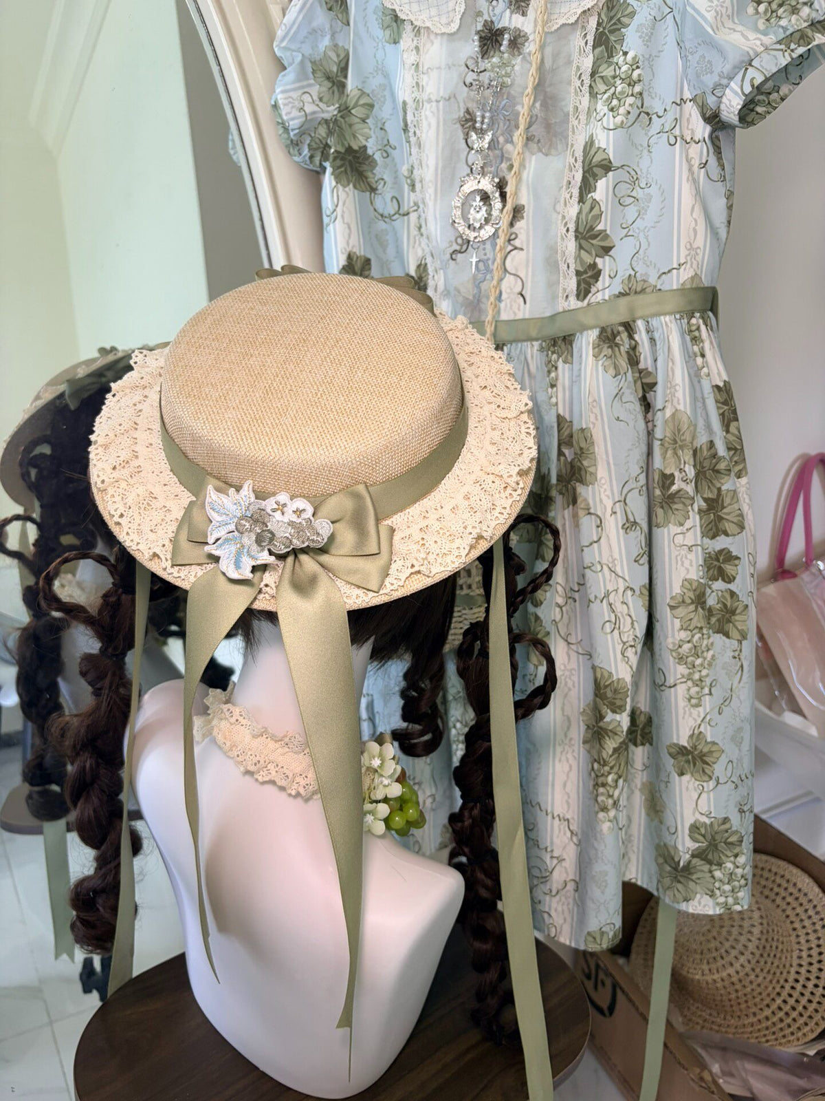 Lolita Flat Straw Hat with Grape Brooch