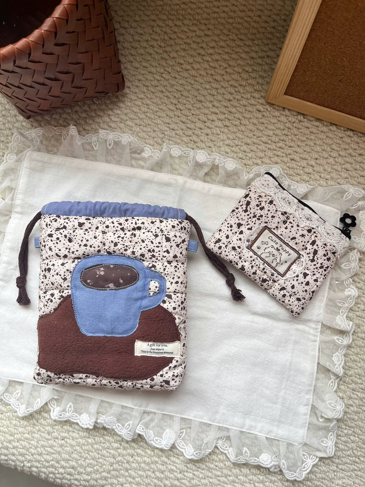 Handgjord Patchwork Kaffekoppspåse och Myntvääska