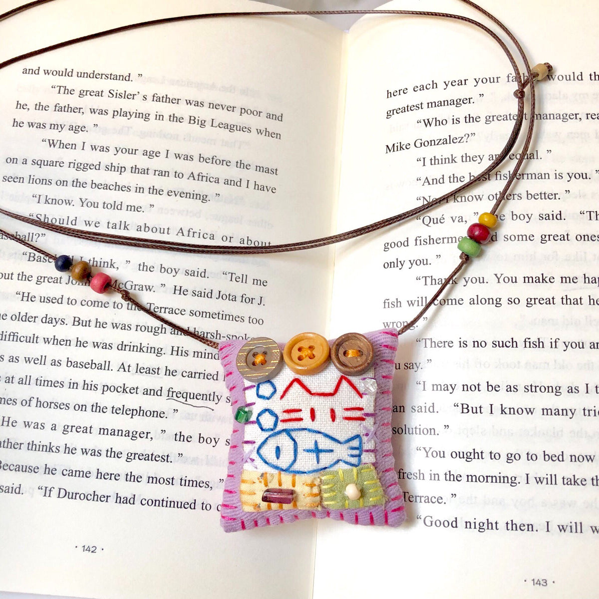 Handmade Fabric Cat and Fish Pendant Necklace