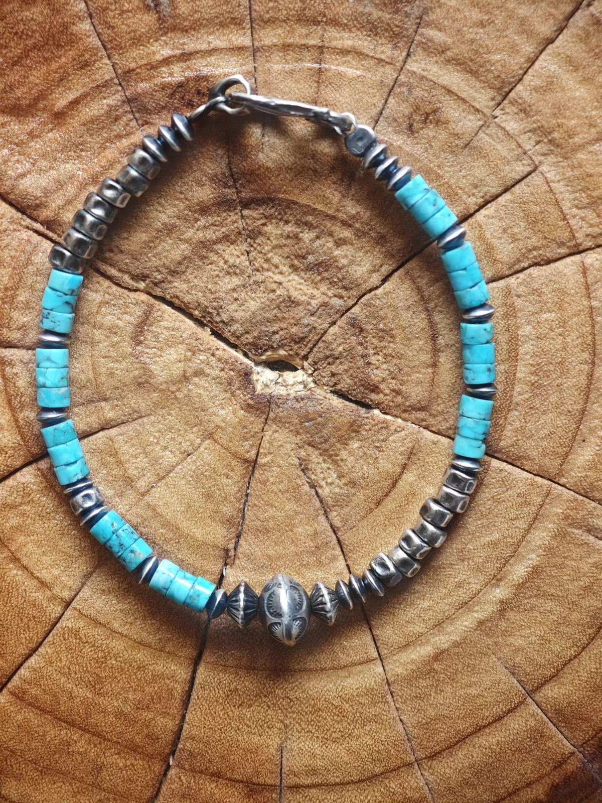 Handmade 925 Silver Navajo Turquoise Bead Bracelet