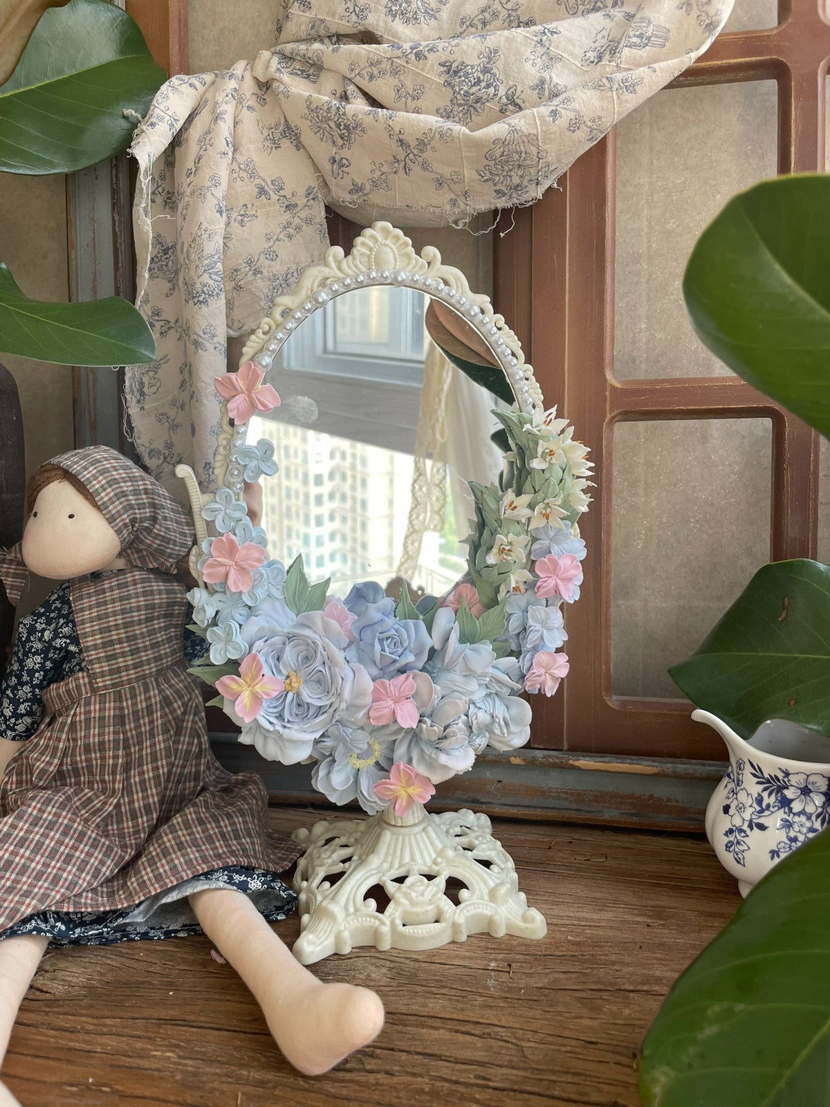 Clay Flower Decorated Oval Mirror
