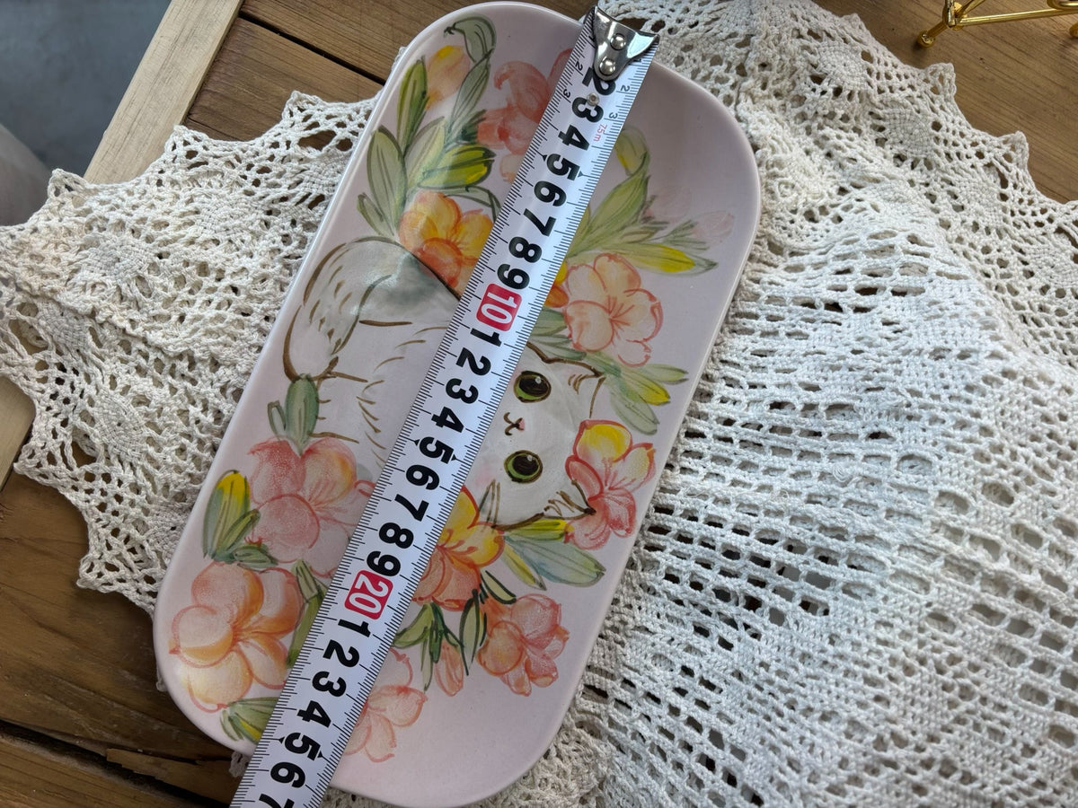 Hand Painted Ceramic Rectangular Plate Cat Floral
