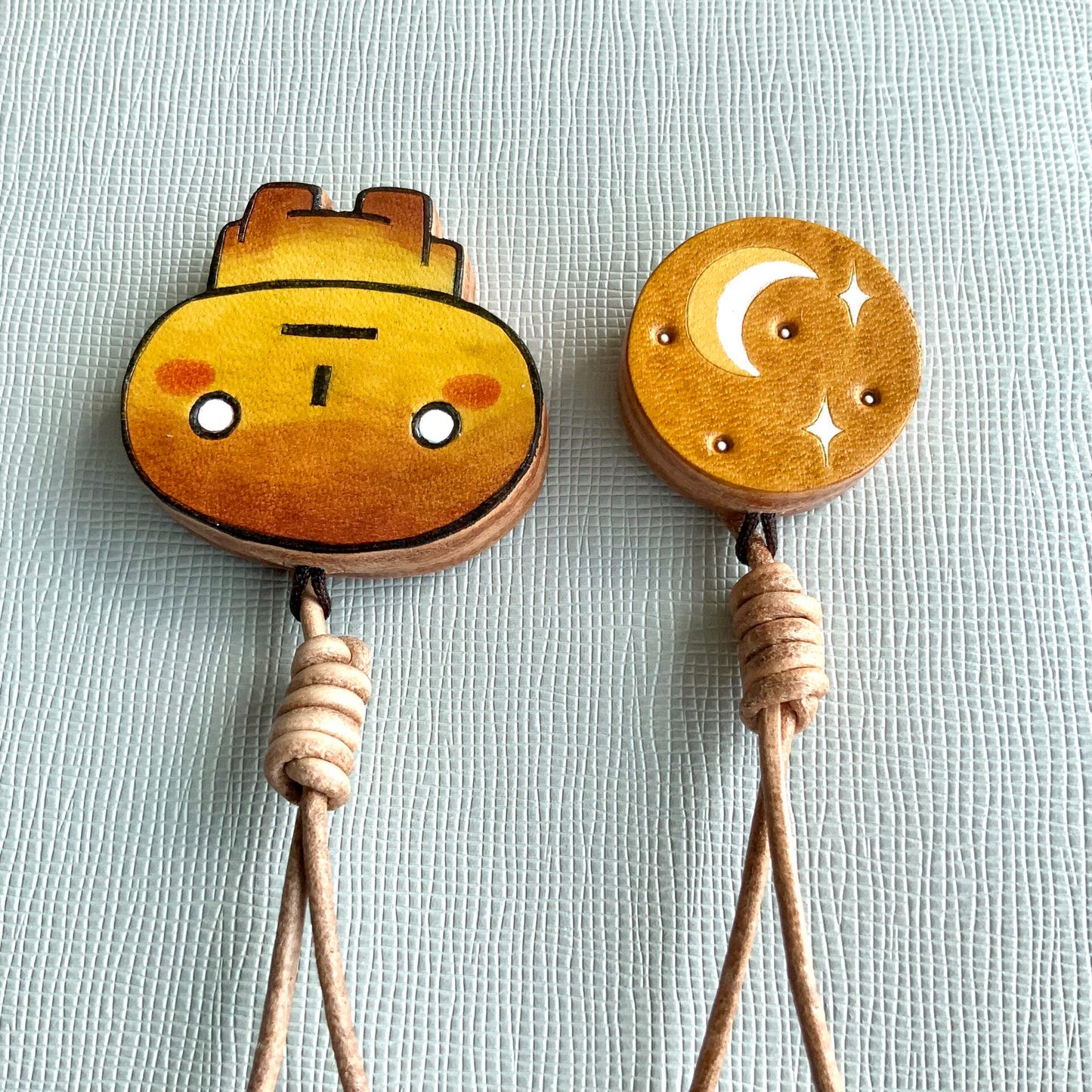 Hand-Painted Leather Charms: Bread Character & Moon Star Set