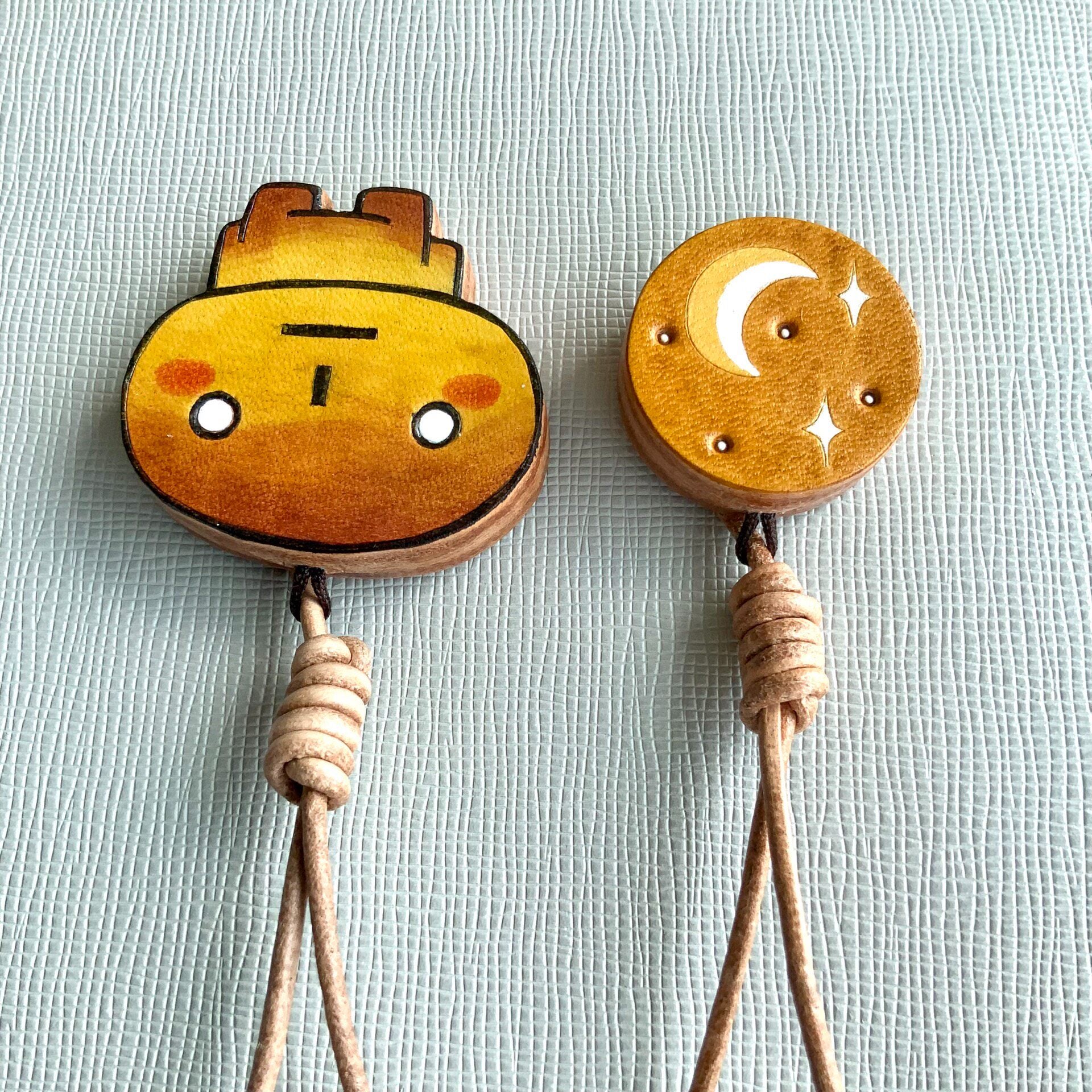 Hand-Painted Leather Charms: Bread Character & Moon Star Set
