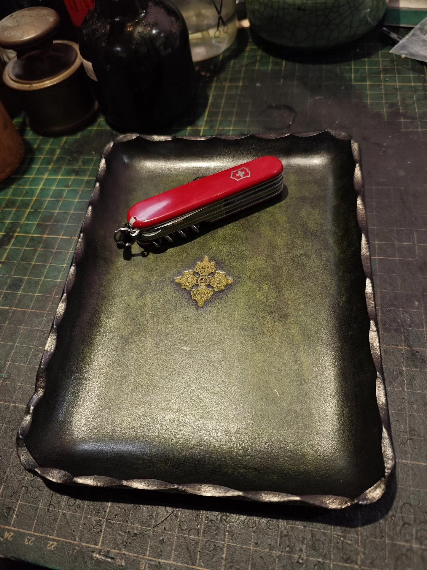 Antique Green Leather Rectangular Tray with Gold Carved Center and Scalloped Edges