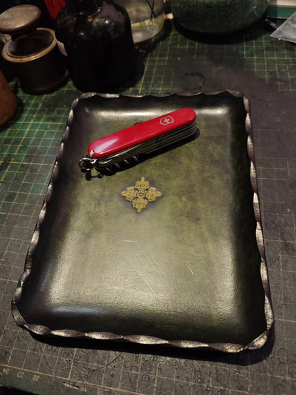 Antique Green Leather Rectangular Tray with Gold Carved Center and Scalloped Edges